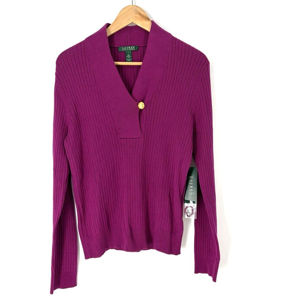 Lauren Ralph Lauren Sweater Large Women Pink Shawl Collar Cotton Preppy Luxury